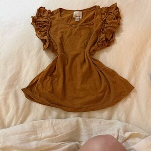 Industry Women's Brown Cotton Ruffle Sleeve Top